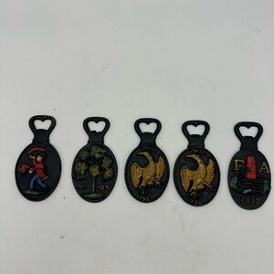 5 vintage cast iron bottle openers Fire Fighters Insurance  1817 INA 1799 No 105